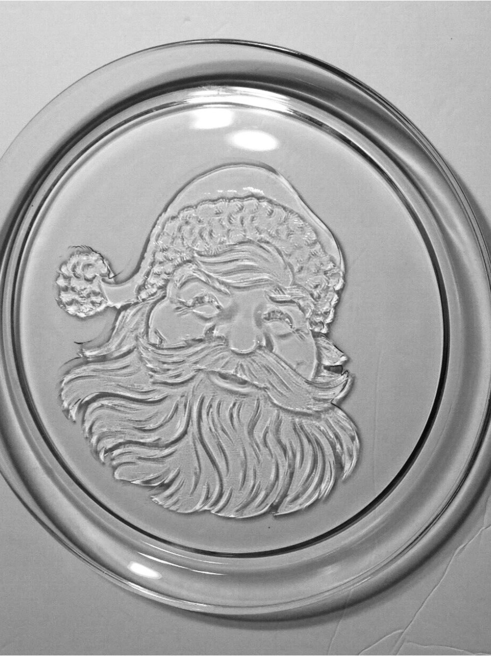 Christmas Cookie Plate 13” Santa Claus Embossed Clear Glass